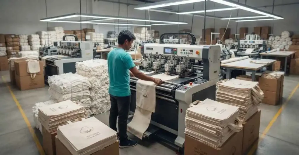 भारतीय कॉटन बैग मैन्युफैक्चरिंग फैक्ट्री में आधुनिक मशीन से इको-फ्रेंडली कॉटन बैग बनाता हुआ कर्मचारी
