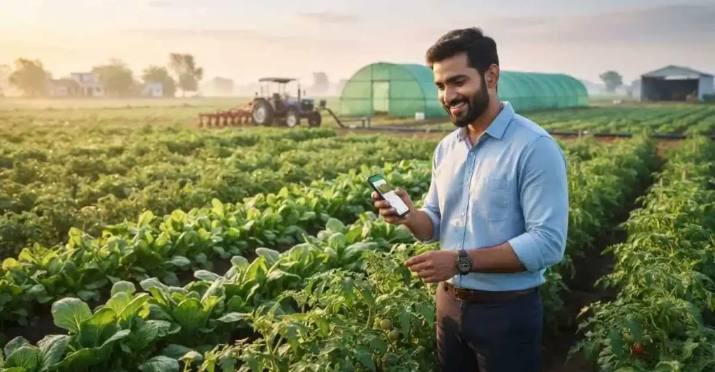 Young Indian farmer using smartphone for smart agriculture business