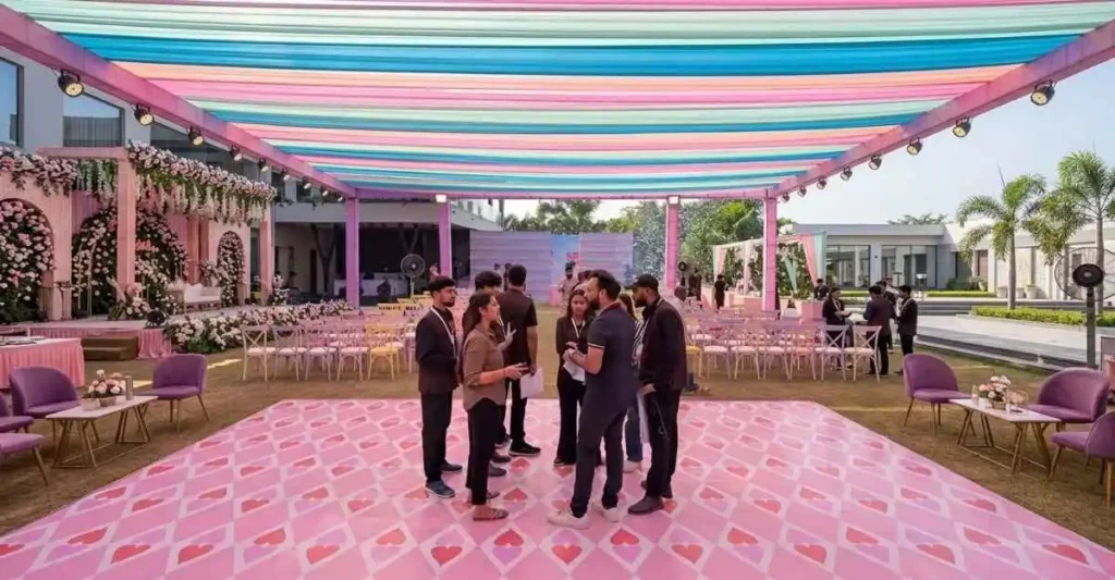 Outdoor Event की प्लानिंग और सेटअप करती Event Management Business टीम