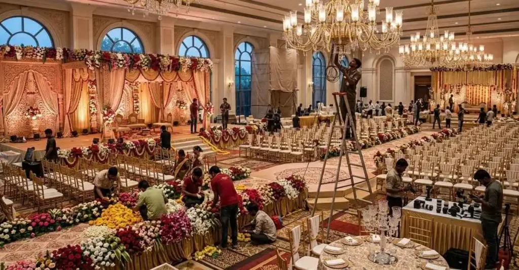 Event Management Business के लिए लग्जरी वेडिंग इवेंट की तैयारी करती प्रोफेशनल टीम