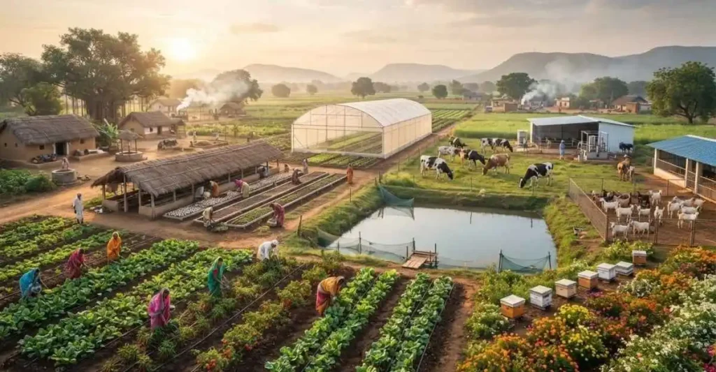 Indian farmer harvesting fresh organic vegetables in a green farm