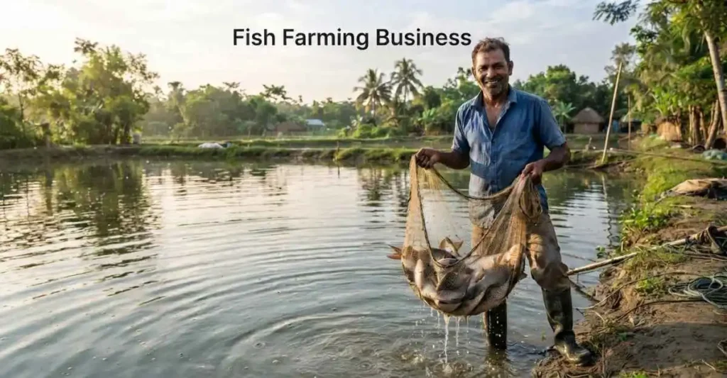 Fish Farming Business में भारतीय किसान तालाब से जाल द्वारा मछलियों की कटाई करते हुए