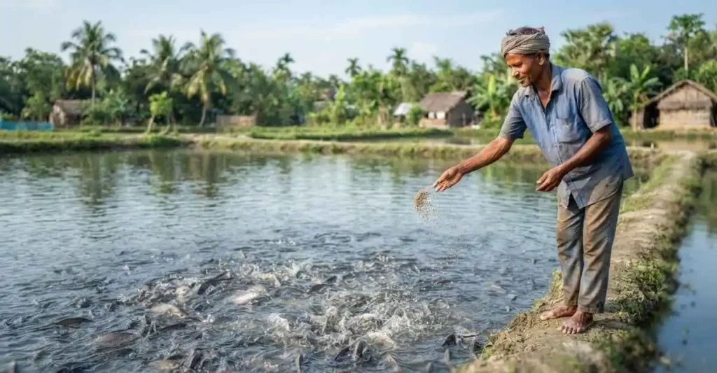 भारतीय मछली किसान तालाब में मछलियों को दाना खिलाते हुए