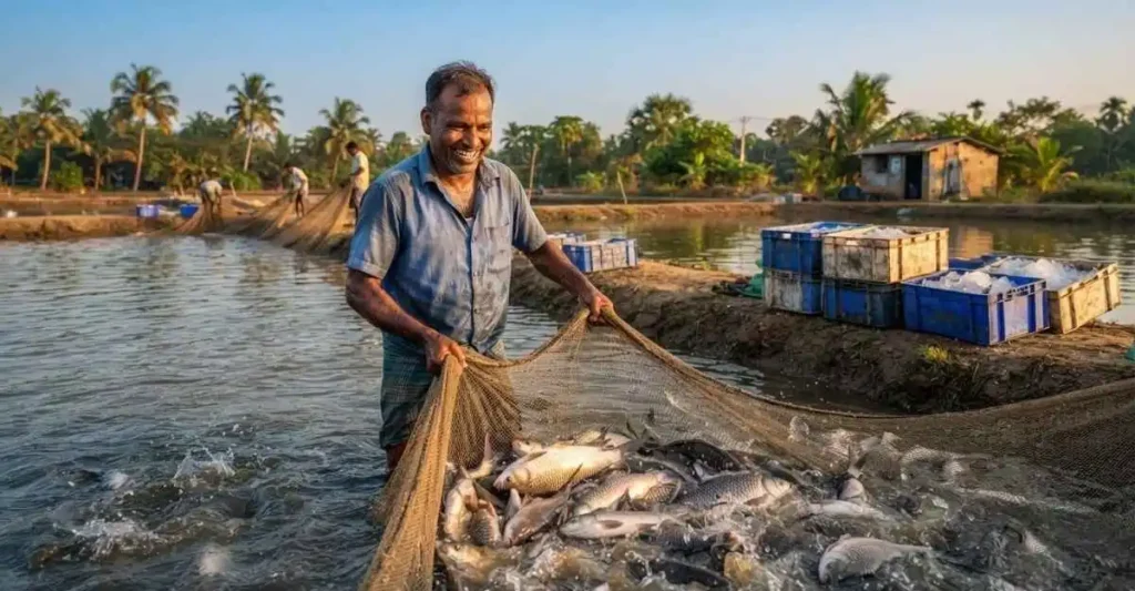 Fish Farming Profit के लिए तैयार बड़ी मात्रा में पकड़ी गई मछलियां