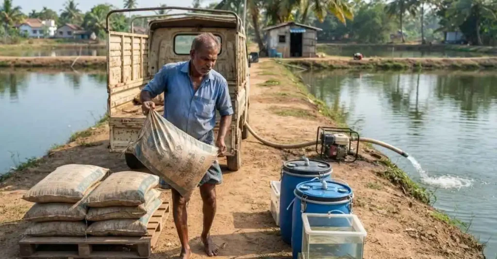 Fish Farming Project के लिए फीड, उपकरण और तालाब प्रबंधन सामग्री