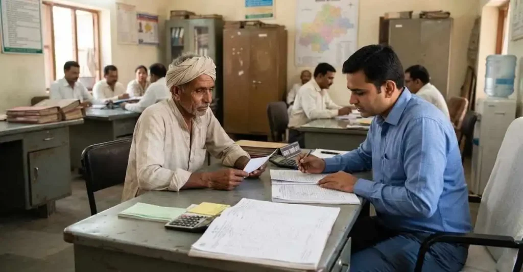 Indian farmer applying for government agriculture scheme and subsidy
