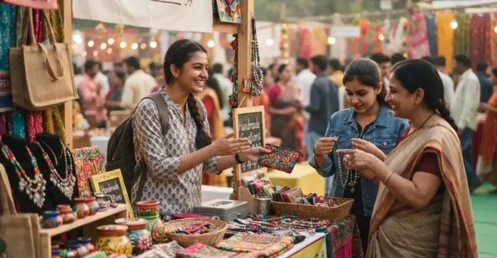 Indian student selling handmade products at a local market stall