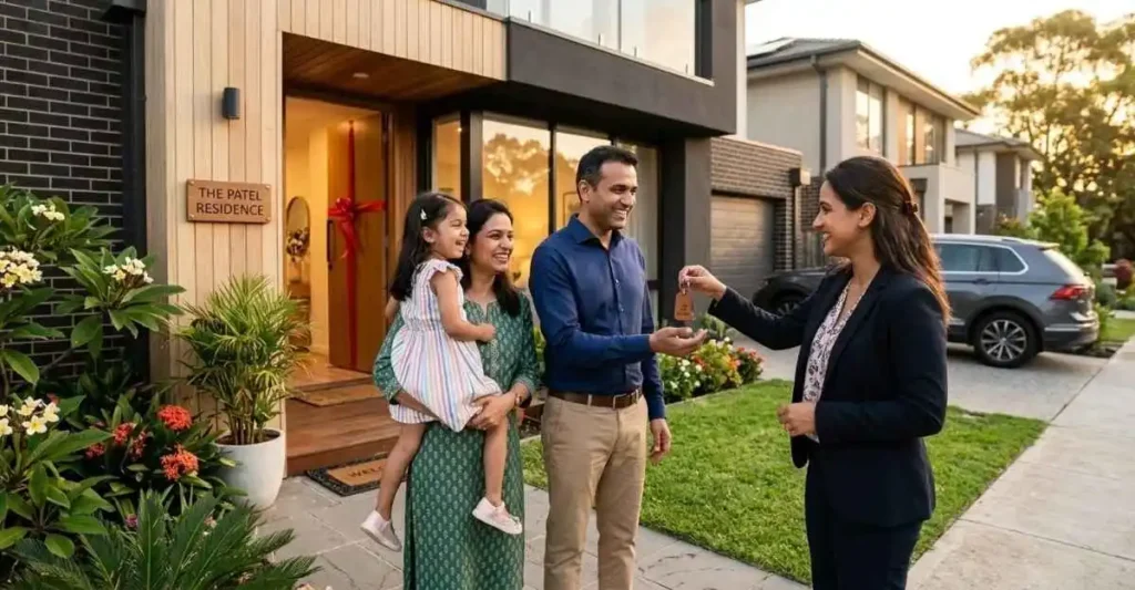 भारतीय परिवार को नए घर की चाबी सौंपता रियल एस्टेट एजेंट