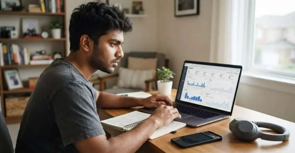 Indian student managing digital marketing campaigns on a laptop