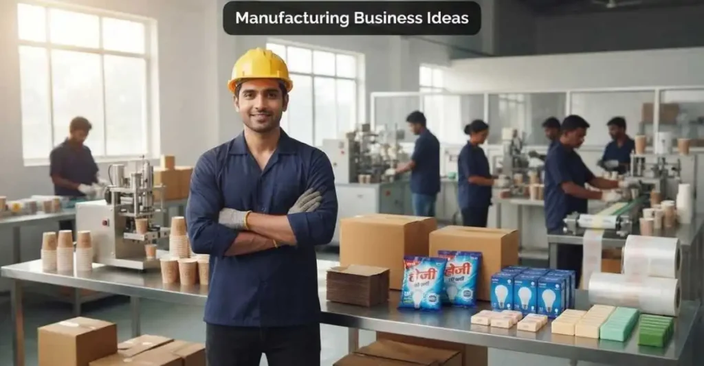 Manufacturing business ideas के लिए आधुनिक भारतीय फैक्ट्री में विभिन्न उत्पादों का निर्माण करते हुए उद्यमी और कर्मचारी