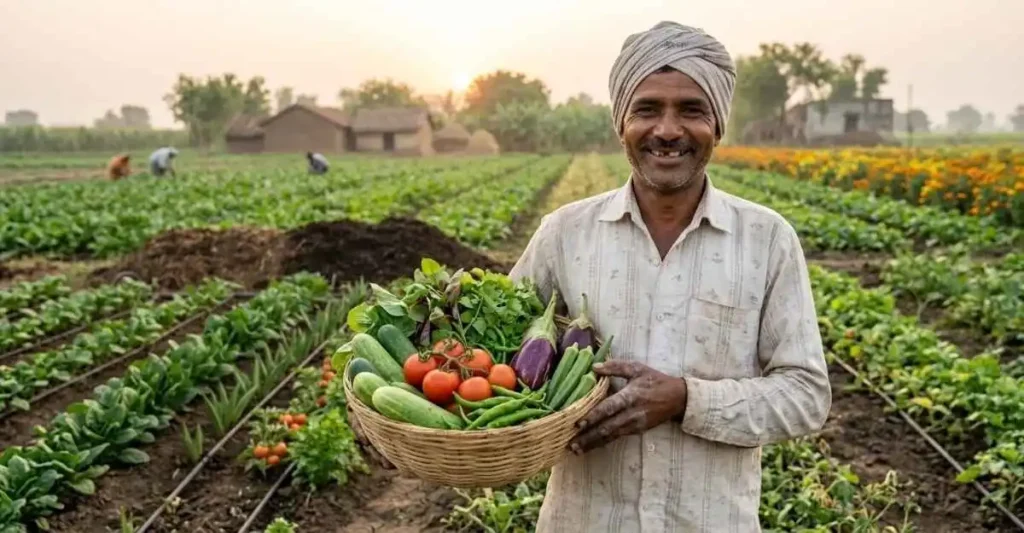 पैकिंग के बाद ऑर्गेनिक सब्जियों की मार्केटिंग करता हुआ भारतीय किसान