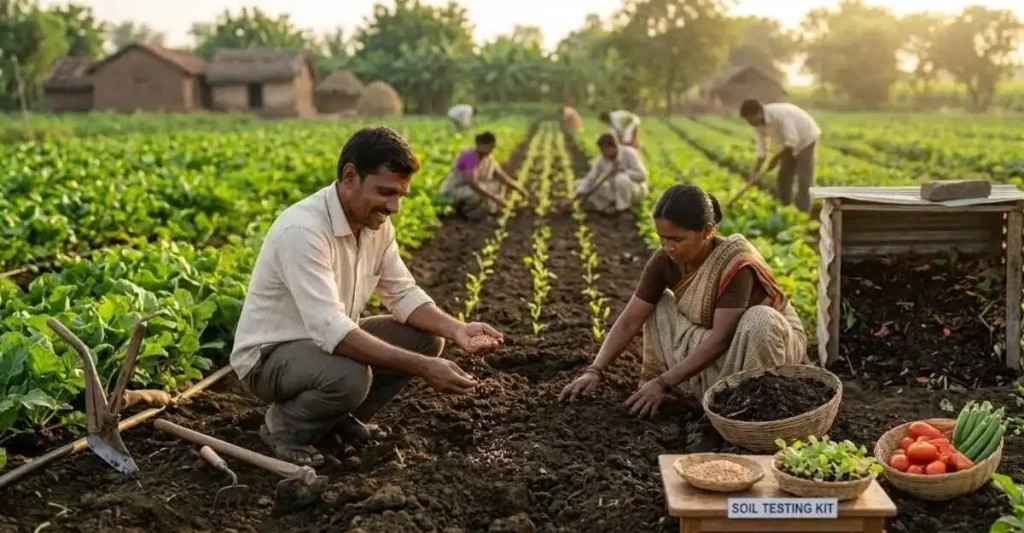 ऑर्गेनिक खेती शुरू करने से पहले मिट्टी की जांच करता हुआ भारतीय किसान