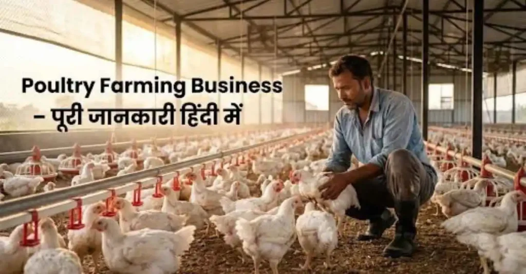 आधुनिक पोल्ट्री फार्म में मुर्गियों की देखभाल करता किसान – Poultry Farming Business Guide in Hindi