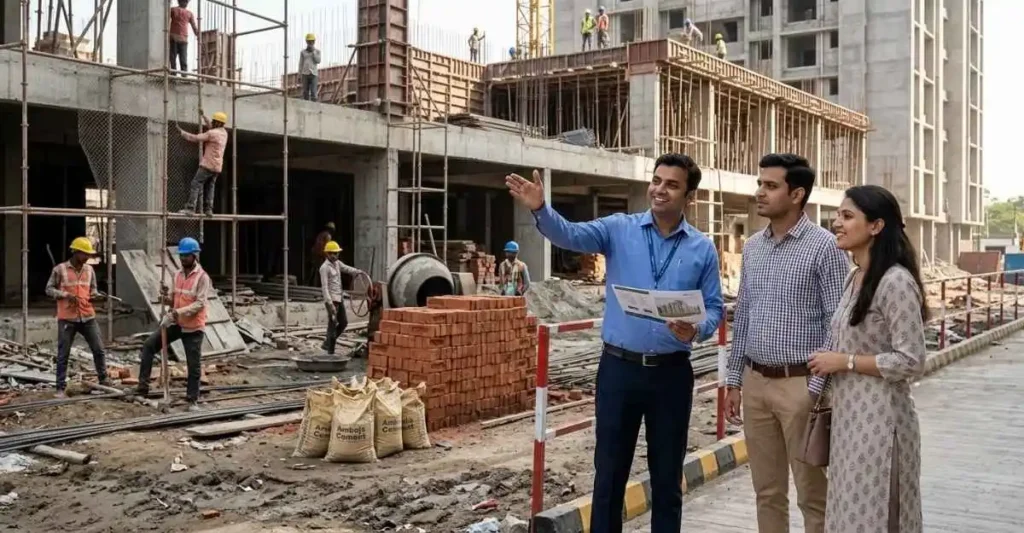 रियल एस्टेट एजेंट ग्राहकों को रेजिडेंशियल प्लॉट की जानकारी देते हुए
