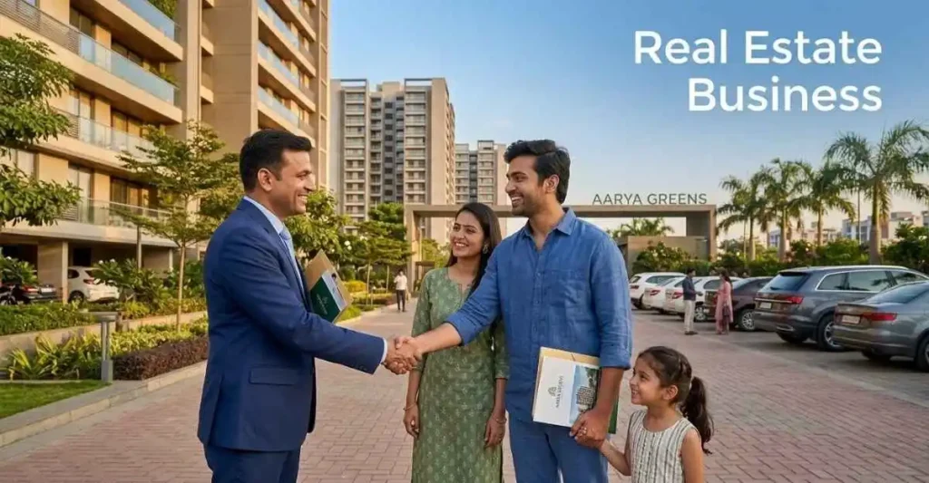 भारतीय परिवार के साथ प्रॉपर्टी डील करते हुए रियल एस्टेट एजेंट
