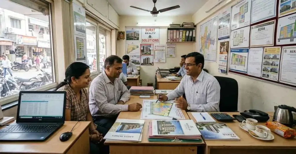 रियल एस्टेट ऑफिस में ग्राहकों को प्रॉपर्टी की जानकारी देते हुए एजेंट