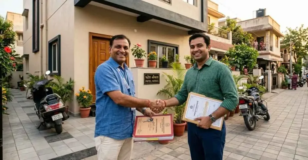 रियल एस्टेट एजेंट ग्राहकों को रेजिडेंशियल प्लॉट दिखाते हुए