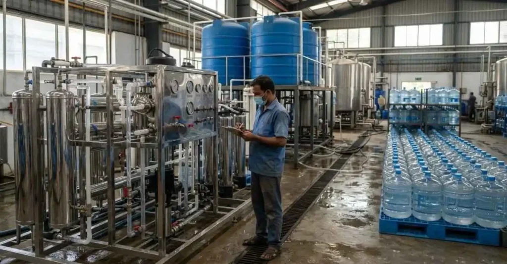 आधुनिक RO Water Plant मशीन में शुद्ध पानी तैयार करते हुए भारतीय तकनीशियन