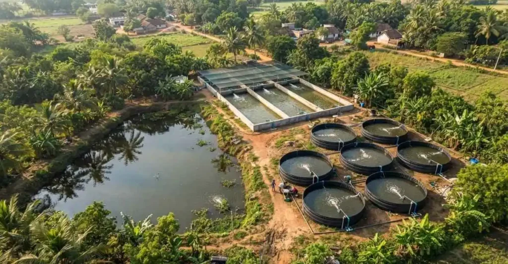 भारत में Biofloc Fish Farming और पारंपरिक मछली पालन प्रणाली का हवाई दृश्य