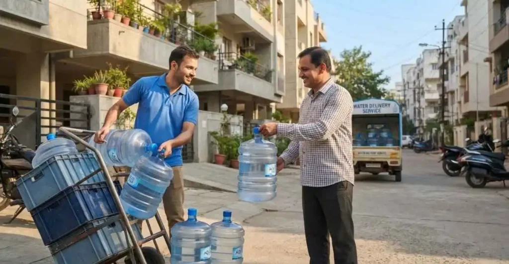 ग्राहक को 20 लीटर पानी का जार डिलीवर करता भारतीय Water Delivery Executive