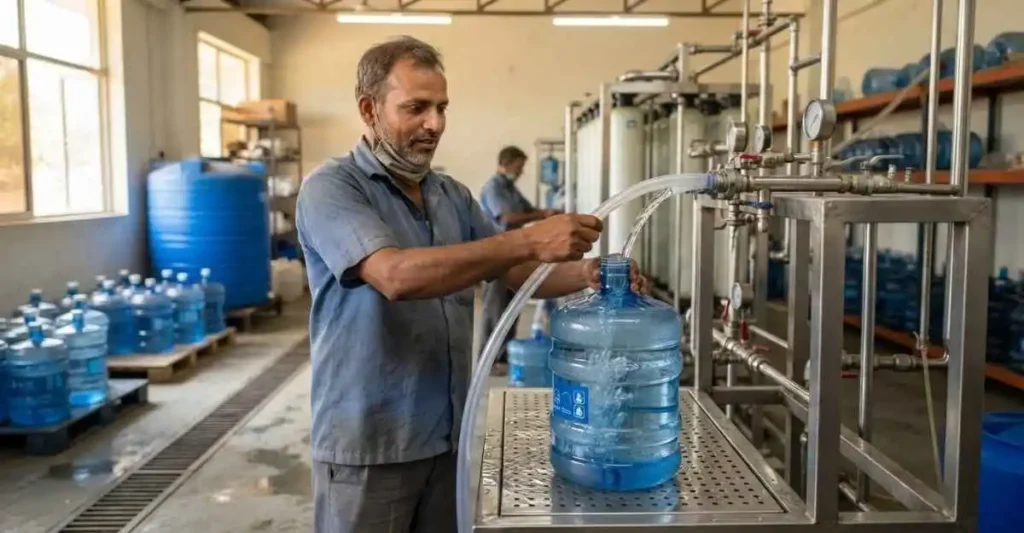 ग्राहक को 20 लीटर पानी का जार डिलीवर करता भारतीय Water Delivery Executive