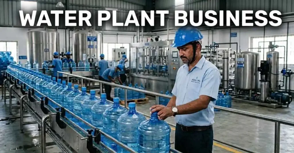 Water Plant Business के लिए आधुनिक RO प्लांट में 20 लीटर पानी के जार भरते हुए भारतीय कर्मचारी