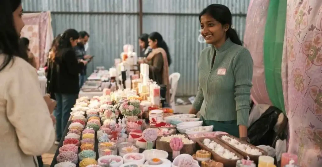 Pouring melted wax into decorative candle containers in workshop