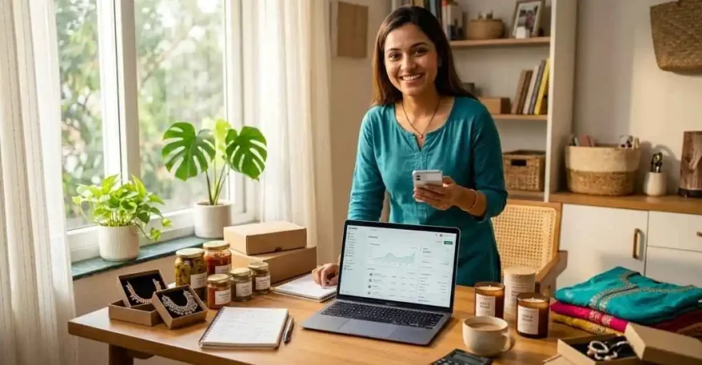 Indian housewife packing handmade products for online customer orders from home business workspace