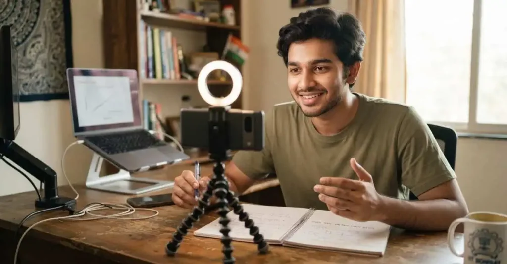 Indian student recording YouTube videos from home for an online business