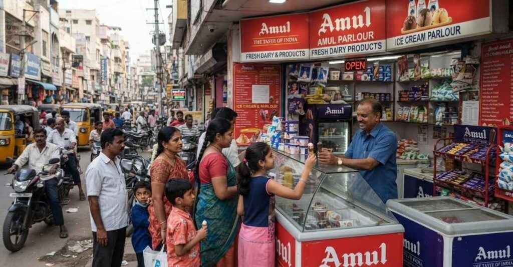 Amul Franchise store में ग्राहक डेयरी और आइसक्रीम उत्पाद खरीदते हुए