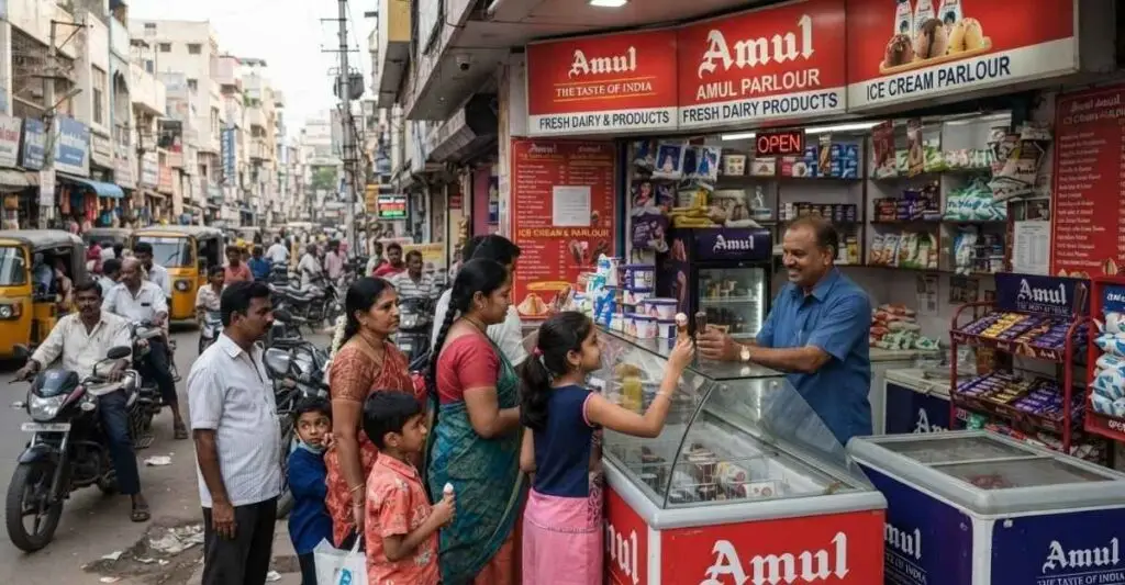 Amul Franchise store में ग्राहक डेयरी और आइसक्रीम उत्पाद खरीदते हुए