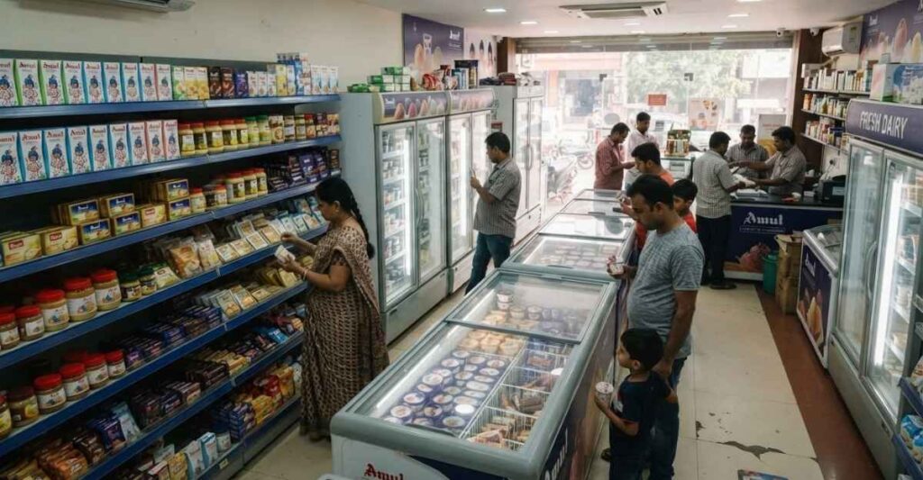 Amul Ice Cream Parlour में ग्राहकों की भीड़ और बिक्री का दृश्य