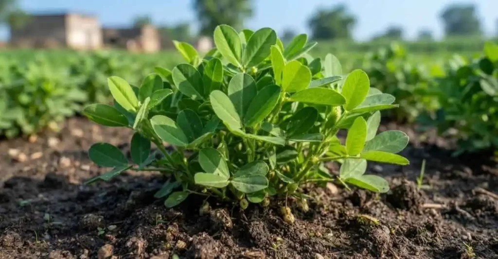 खेत में उगता हुआ स्वस्थ मूंगफली का पौधा
