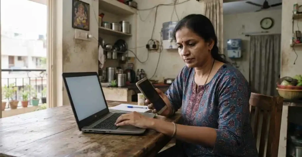 घर से laptop पर online work करती महिला