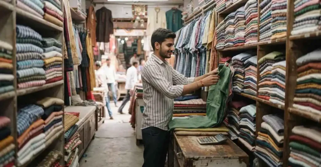 कपड़े की दुकान में customer को कपड़े दिखाते दुकानदार