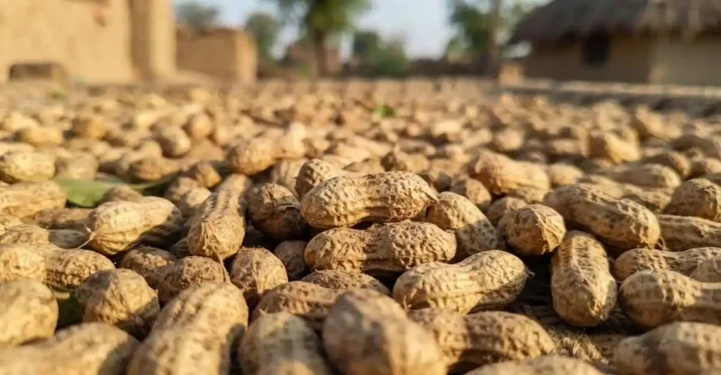 किसान मूंगफली की फसल की कटाई करते हुए