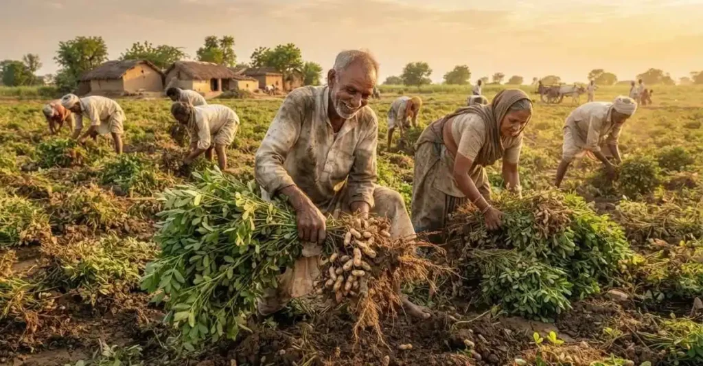 किसान खेत में मूंगफली की बुवाई करते हुए