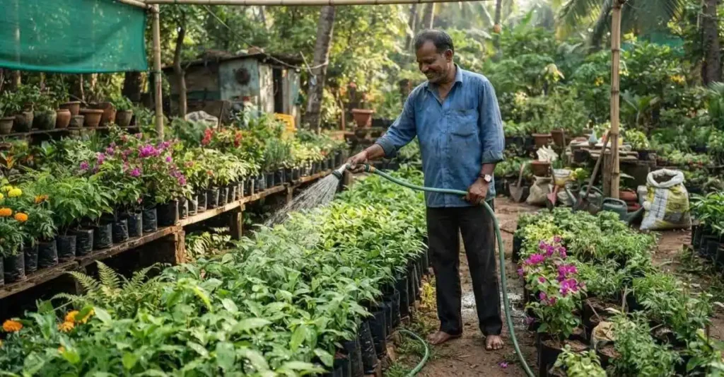 Nursery Business में पौधों को पानी देते हुए