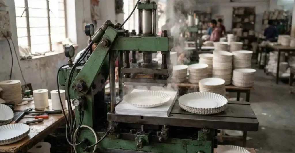 Paper Plate Making Machine Se Business के लिए मशीन चलाते हुए भारतीय उद्यमी और तैयार पेपर प्लेट्स