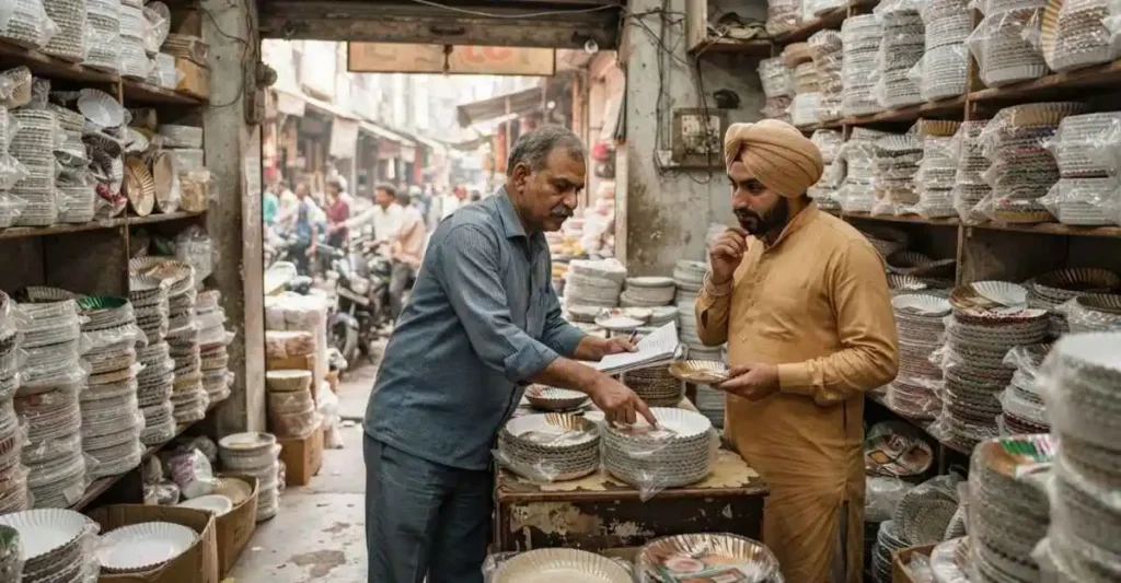 थोक बाजार में पेपर प्लेट की बिक्री और ग्राहक बातचीत