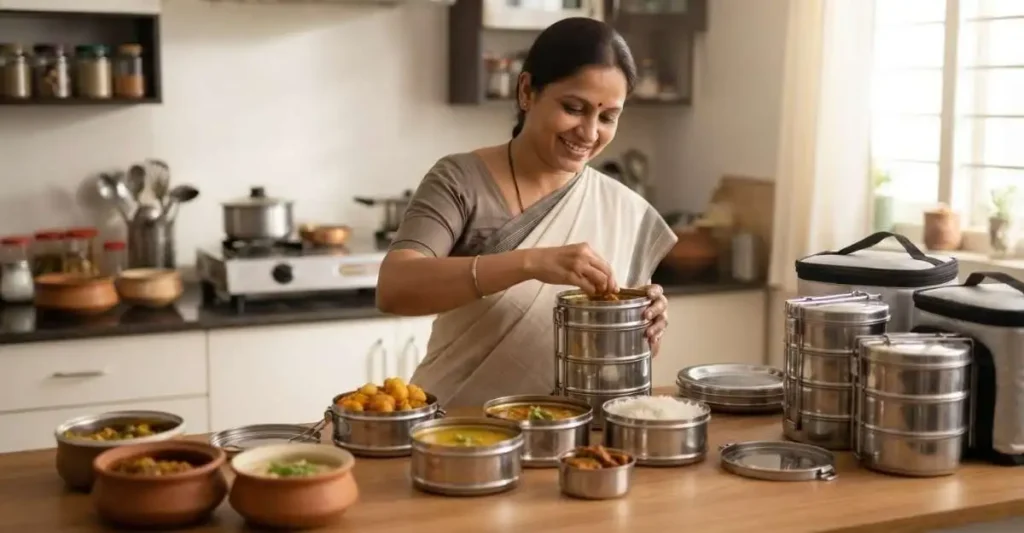 घर का बना खाना टिफिन बॉक्स में पैक करती भारतीय महिला उद्यमी