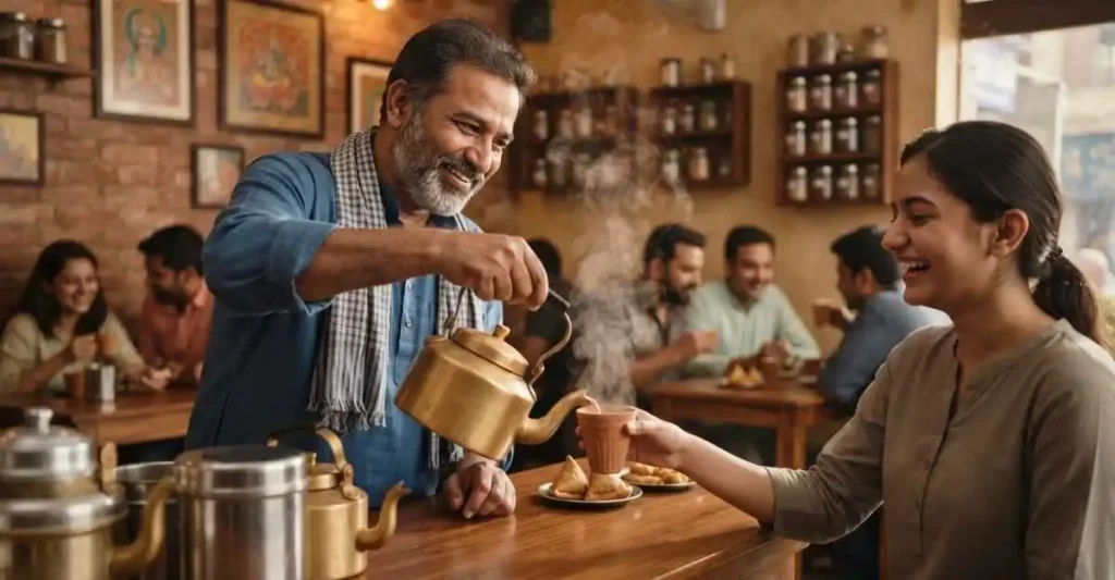 ग्राहक को चाय सर्व करता हुआ भारतीय टी कैफे मालिक