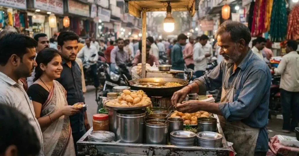 भीड़भाड़ वाले बाजार में स्ट्रीट फूड बेचता भारतीय विक्रेता