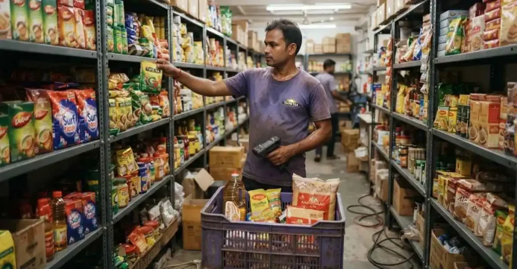 Zepto Dark Store के अंदर grocery products और storage racks