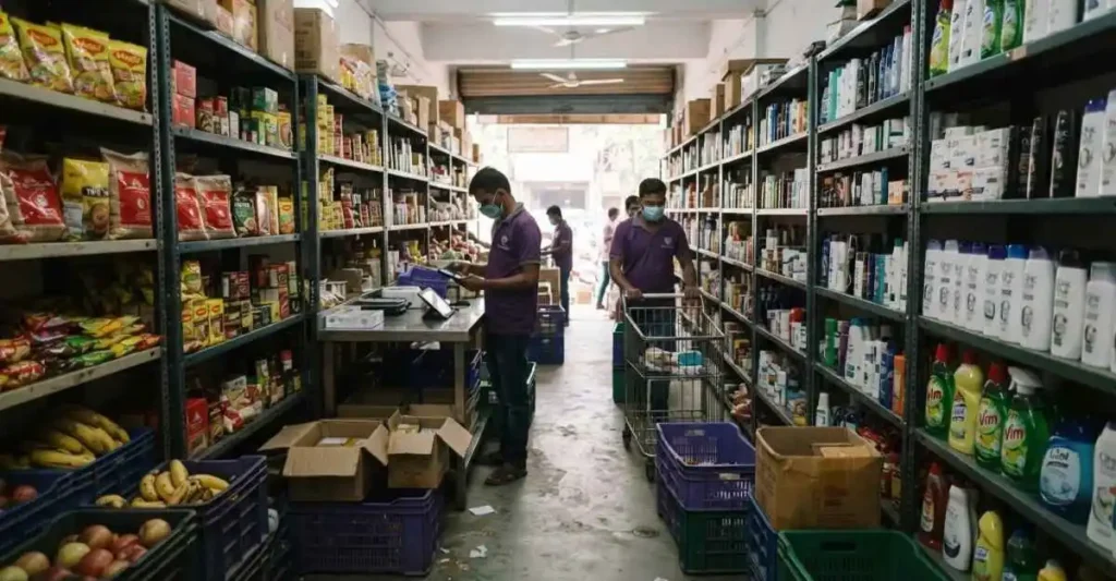 Dark Store में grocery products pick करता हुआ worker