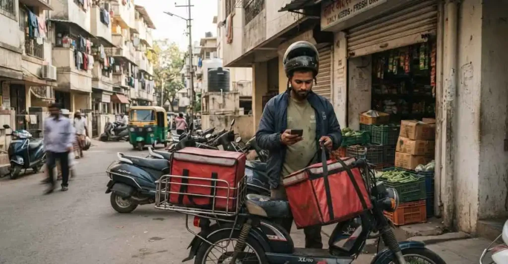 Zepto delivery center के बाहर delivery scooters