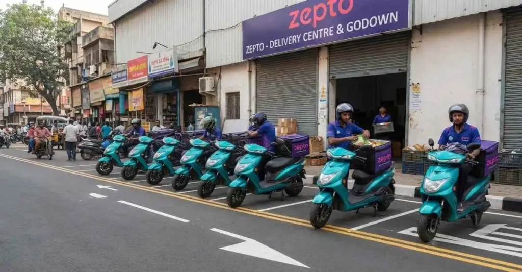 Zepto delivery rider grocery order लेकर जाता हुआ